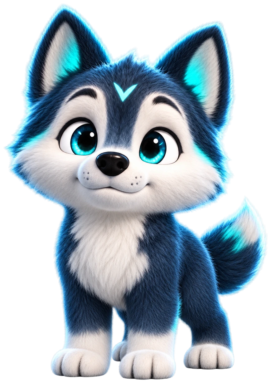 P’tit Loup officiel, au pelage bleu nuit et blanc, aux yeux cyan et au petit V lumineux sur le front.